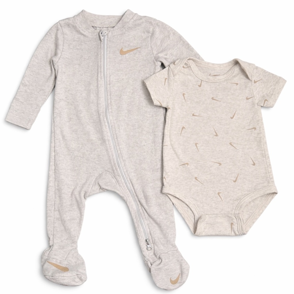 Nike Baby Outfit Bundle 6M Gray Footed Sleeper + Swoosh Onesie Set
